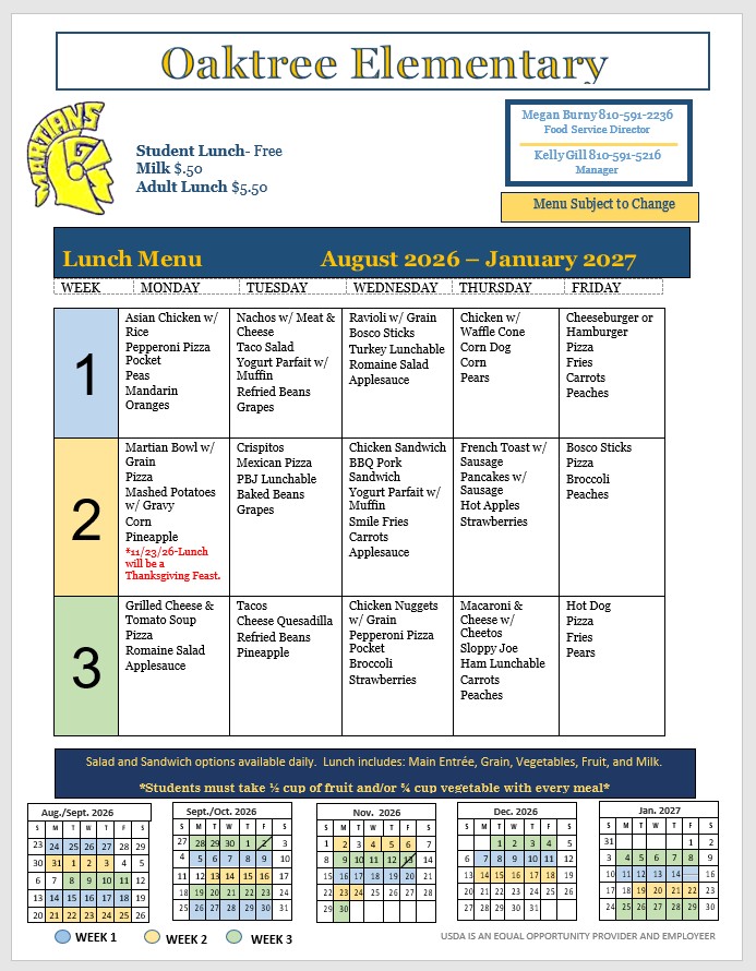 Oaktree Lunch Menu